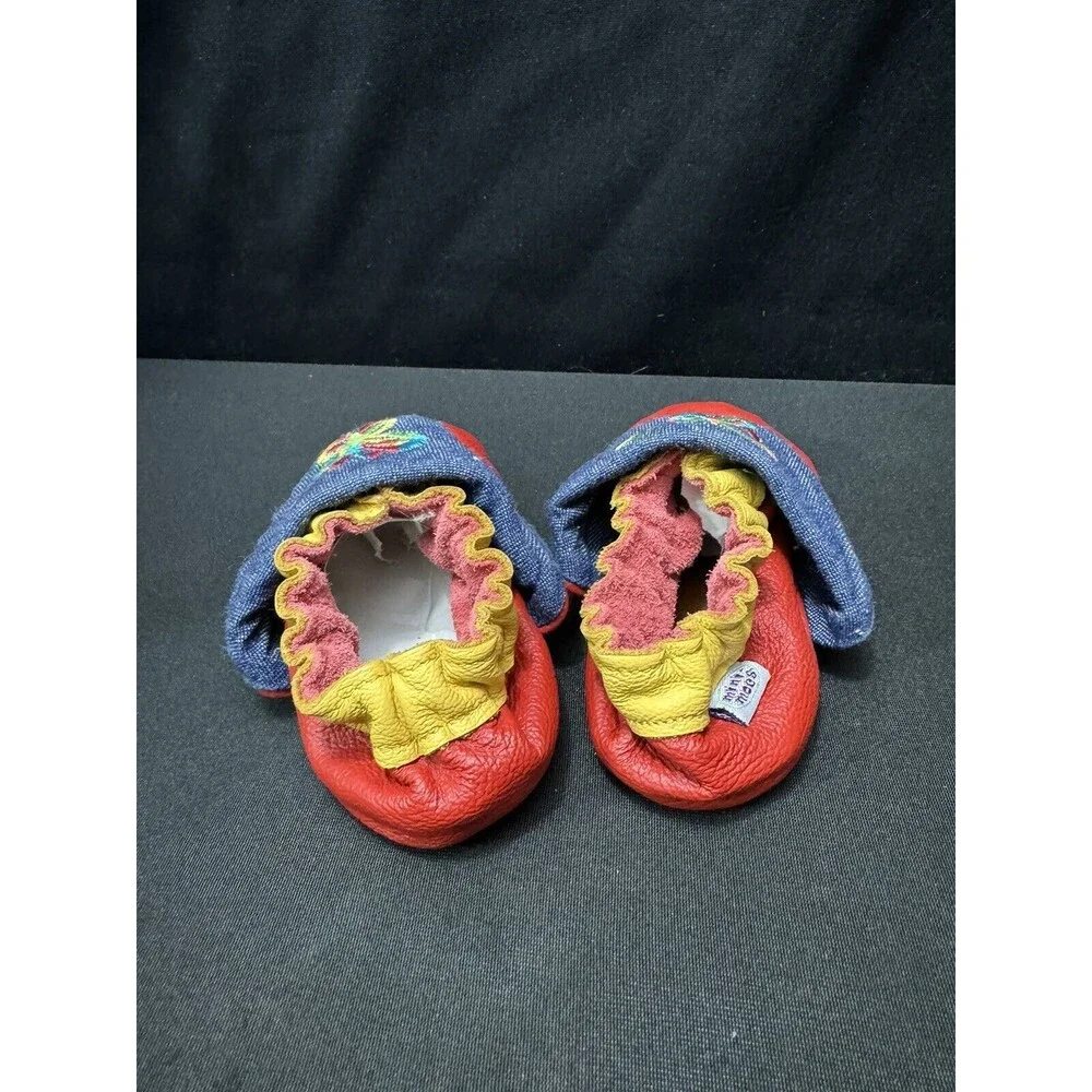 Mini-Mocs Infant Moccasin Shoes 12-18 Months Y2K Butterfly Leather Red + Denim